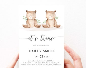 Cute Bear Twins Baby Shower Invitation Boy Twins Shower Invites Instant Download, Teddy Bear, Printable, Editable Template, 132