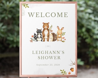 Znak powitalny na baby shower w lesie, Znak powitalny, Znak na baby shower, Zwierzęta leśne na baby shower, Baby shower, Znak do druku, Woodland, 18