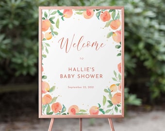 Watercolor Peach Baby Shower Welcome Sign Peaches Shower Sign, Cute Peach Bridal Shower Sign Printable Sign Editable Download, 60