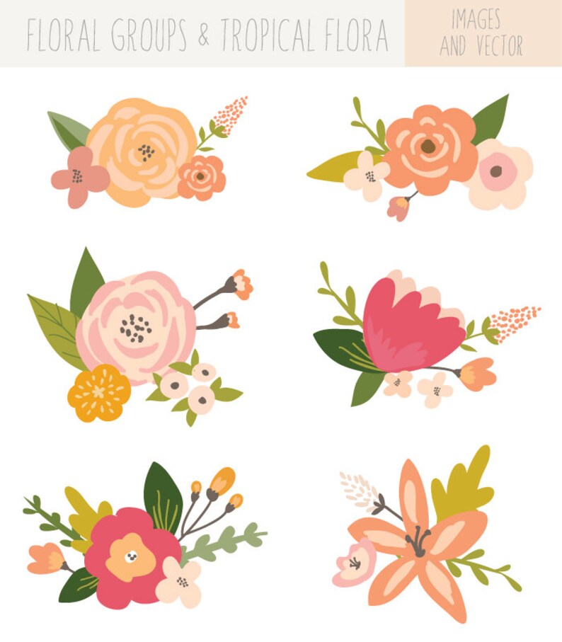 Hand Drawn Flower Bunches Clip Art. Vector Flower Clip Art. Tropical Flower Bunches image 1