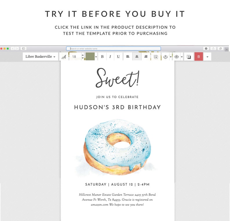 K&ouml;nnte beinhalten: Eine druckbare Geburtstagseinladung mit einer Illustration eines blauen und gelben Donuts. Der Text lautet "Sweet! Feiern Sie mit uns Hudsons 3. Geburtstag. Samstag | 12. August | 14:00-16:00 Uhr. Hillcrest Manor Estate Garden Terrace 2405 57th Bend Avenue Ft Worth, Tx 84953. Gracie ist bei amazon.com registriert. Wir hoffen, Sie dort zu sehen!"