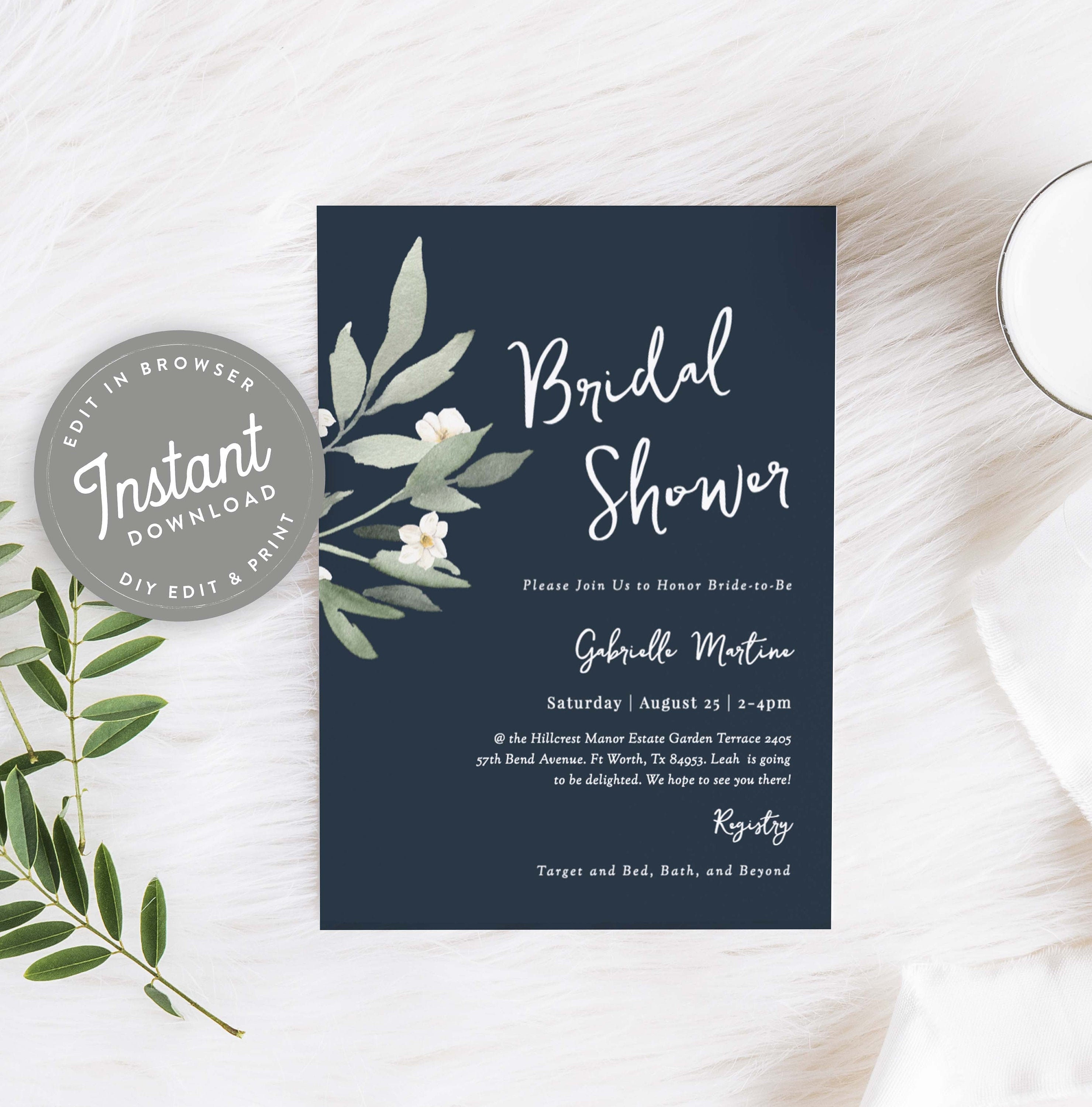 Navy Bridal Shower Invitation Blue Bridal Shower Invitation Template Blush  Floral Shower Invites Editable, Instant Download, 87 - Etsy, image size:2959x3000