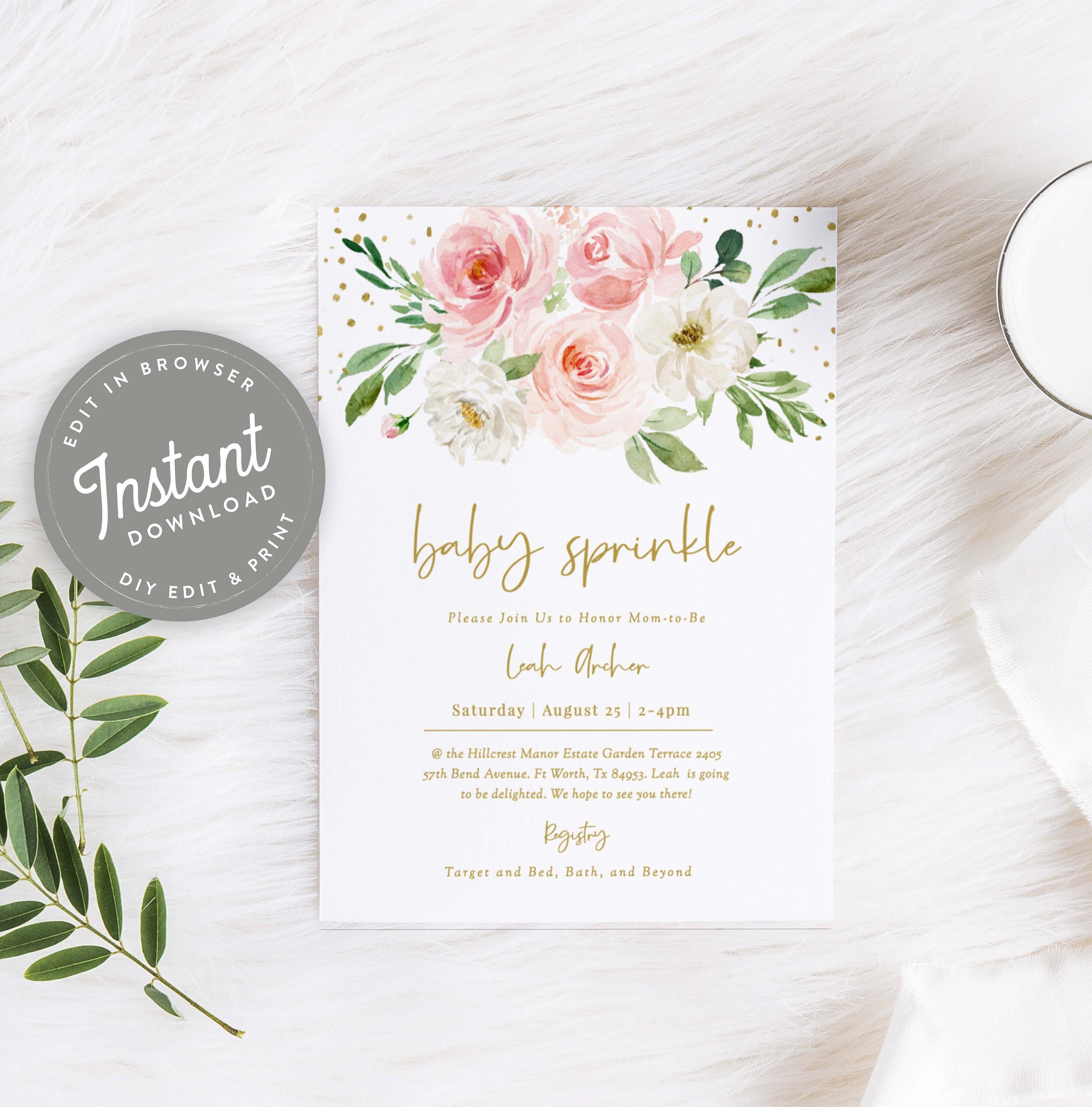 Pink and Gold Baby Sprinkle Invitation Download, Baby Sprinkle Invites  Blush Floral, Shabby Chic, Editable Template Download, 102 - Etsy, image size:2959x3000