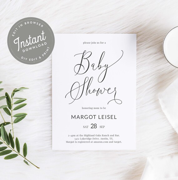 Baby Shower Invite Gender Neutral, Baby Shower Invitation Calligraphy, Baby Shower Invite Black and White, Editable Download Template, Mara