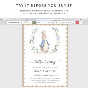 May include: A baby shower invitation with a watercolor illustration of a bunny wearing a blue jacket. The invitation is decorated with a wreath of green leaves and white flowers. The text on the invitation reads "A little bunny" and "Will Be Here Soon! Join Us to Honor Gracie Archer Saturday August 12 2-4PM Hillcrest Manor Estate Garden Terrace 2405 57th Bend Avenue Ft Worth, Tx 84953. Gracie is registered on amazon.com We hope to see you there!"