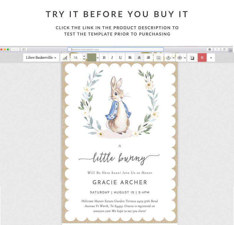 May include: A baby shower invitation with a watercolor illustration of a bunny wearing a blue jacket. The invitation is decorated with a wreath of green leaves and white flowers. The text on the invitation reads "A little bunny" and "Will Be Here Soon! Join Us to Honor Gracie Archer Saturday August 12 2-4PM Hillcrest Manor Estate Garden Terrace 2405 57th Bend Avenue Ft Worth, Tx 84953. Gracie is registered on amazon.com We hope to see you there!"