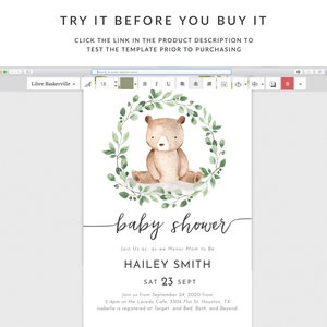 May include: A baby shower invitation with a watercolor illustration of a brown bear sitting in a green leafy wreath. The text reads "baby shower" and includes the name "HAILEY SMITH" and the date "SAT 23 SEPT".