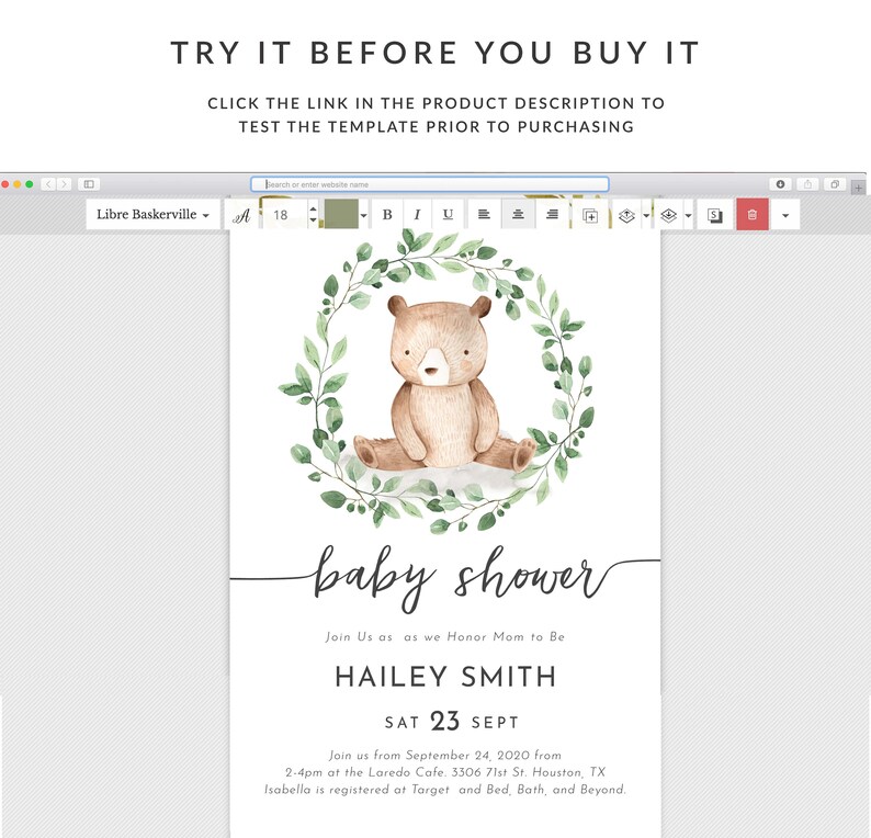 May include: A baby shower invitation with a watercolor illustration of a brown bear sitting in a green leafy wreath. The text reads "baby shower" and includes the name "HAILEY SMITH" and the date "SAT 23 SEPT".