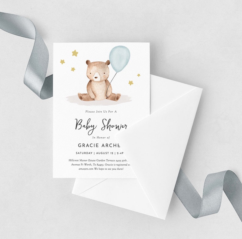 Boy Teddy Bear Baby Shower Invitation Template Bear Baby Etsy