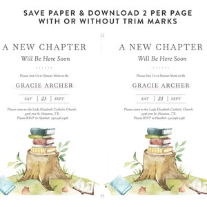 May include: A printable baby shower invitation with a watercolor illustration of a tree stump with a stack of books on top. The text reads "A New Chapter Will Be Here Soon."  The invitation is for Gracie Archer's baby shower on Saturday, September 23rd. The invitation includes the address of the Lady Elizabeth Catholic Church and a phone number to RSVP.