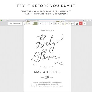 May include: A white baby shower invitation with black calligraphy text. The invitation reads "Please join us for a Baby Shower honoring mom to be Margot Leisel. Sat 28 Sep 2-4pm at the Highland Oaks Ranch and Bar. 3452 Lakeridge Drive. Austin, TX. Margot is registered at amazon.com and target."