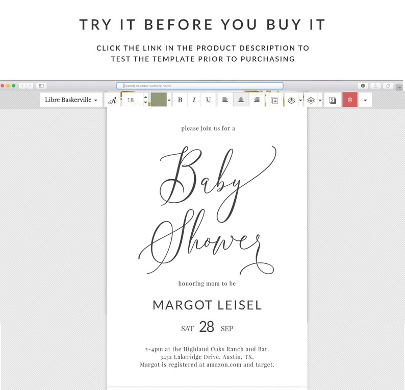 May include: A white baby shower invitation with black calligraphy text. The invitation reads "Please join us for a Baby Shower honoring mom to be Margot Leisel. Sat 28 Sep 2-4pm at the Highland Oaks Ranch and Bar. 3452 Lakeridge Drive. Austin, TX. Margot is registered at amazon.com and target."