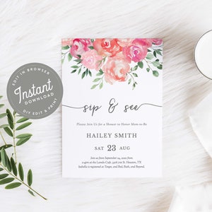 Floral Sip and See Invitation, Pink Sip and See Invites Girl, Floral Baby Shower Invites, Editable Template, Instant Download, Printable, 32