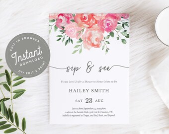 Zaproszenie Floral Sip and See, Pink Sip and See Invites Girl, Floral Baby Shower Invites, Szablon do edycji, Natychmiastowe pobranie, Do druku, 32