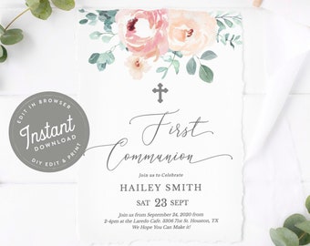 First Communion Invitation Girl, Floral First Communion Invite, Christening Invitation Floral, Editable Template, Instant Download, 23