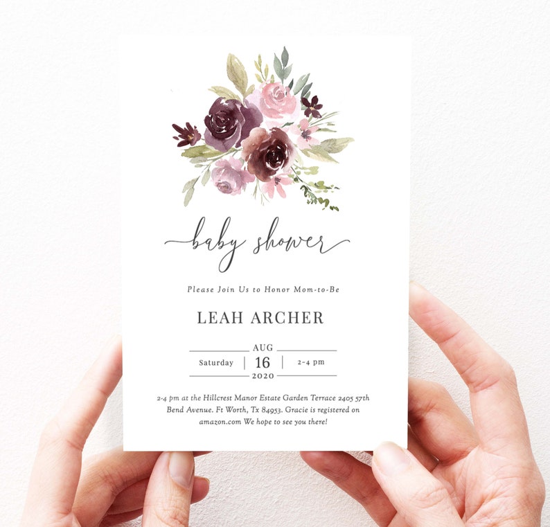May include: A baby shower invitation with a watercolor floral design in shades of pink and purple. The invitation reads "baby shower" and includes the name "Leah Archer", the date "August 16, 2020", and the time "2-4 pm".
