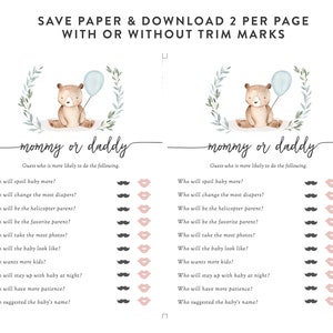 Teddy Bear Baby Shower Games Mommy or Daddy Printable Mommy or - Etsy