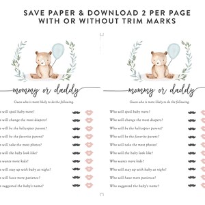 Puede incluir: Un juego imprimible para baby shower con el texto "mam&aacute; o pap&aacute;". El dise&ntilde;o presenta un oso de peluche de acuarela sosteniendo un globo azul, rodeado por una corona floral. El juego incluye preguntas sobre roles parentales.