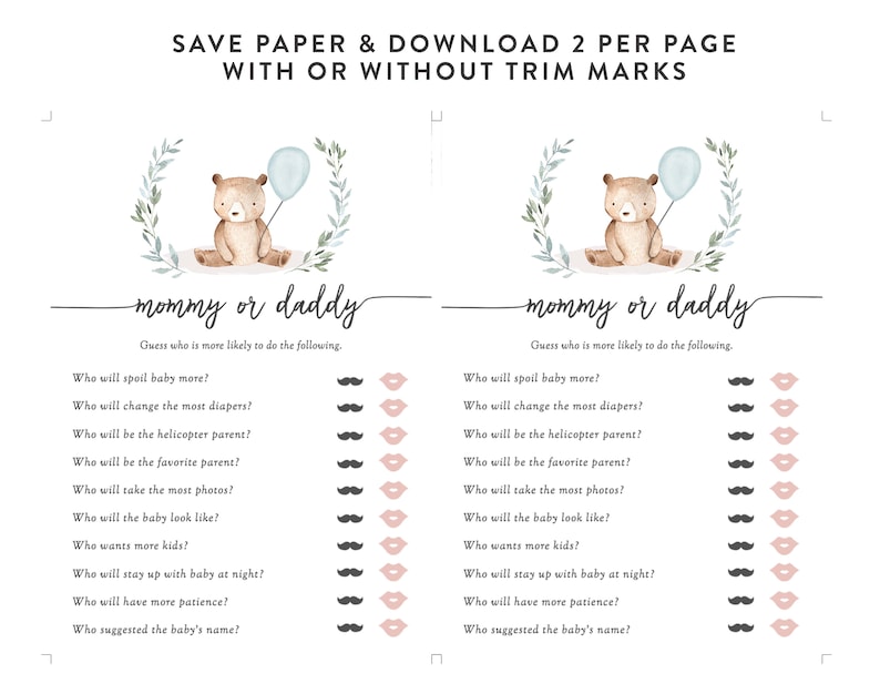 Puede incluir: Un juego imprimible para baby shower con el texto "mam&aacute; o pap&aacute;". El dise&ntilde;o presenta un oso de peluche de acuarela sosteniendo un globo azul, rodeado por una corona floral. El juego incluye preguntas sobre roles parentales.