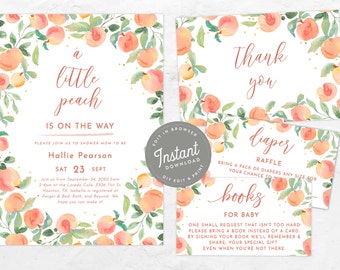 Cute Peach Baby Shower Invitation Bundle Peaches Baby Shower Invites Watercolor Cutie Peach Shower Invitation and Books For Baby, 60