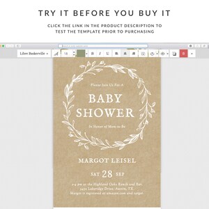 May include: A kraft paper baby shower invitation with a white floral wreath and the text "Please Join Us For A Baby Shower In Honor of Mom-to-Be Margot Leisel Sat 28 Sep 2-4 pm at the Highland Oaks Ranch and Bar. 3452 Lakeridge Drive. Austin, TX. Margot is registered at amazon.com and target."