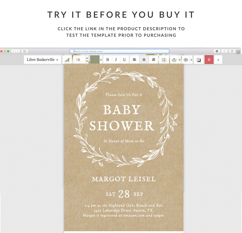 May include: A kraft paper baby shower invitation with a white floral wreath and the text "Please Join Us For A Baby Shower In Honor of Mom-to-Be Margot Leisel Sat 28 Sep 2-4 pm at the Highland Oaks Ranch and Bar. 3452 Lakeridge Drive. Austin, TX. Margot is registered at amazon.com and target."