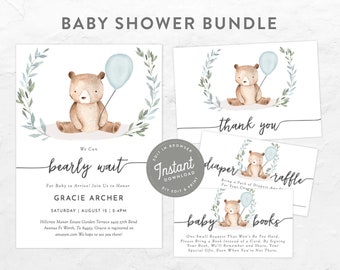 Bear Baby Shower Invitation Bundle Baby Boy Shower Invitation Bear with Balloon, Oh Boy Shower Invitation and Books For Baby, 73