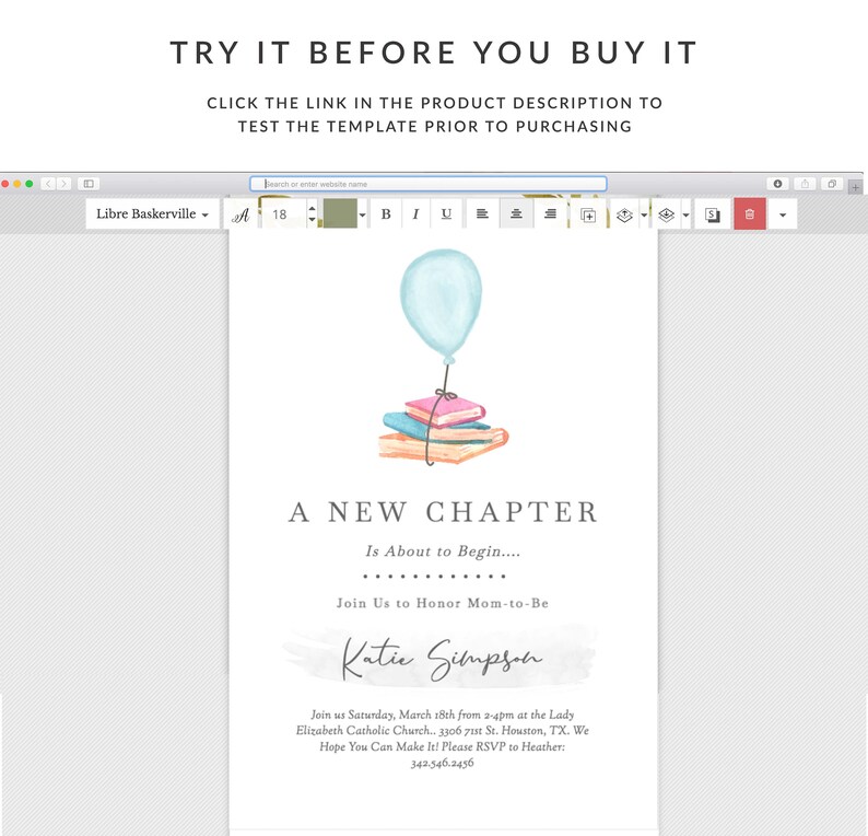 Puede incluir: Una invitaci&oacute;n a una fiesta de bienvenida al beb&eacute; con un globo azul y una pila de libros. El texto dice "A New Chapter Is About to Begin... Join Us to Honor Mom-to-Be Katie Simpson. Join us Saturday, March 18th from 2-4pm at the Lady Elizabeth Catholic Church, 3306 71st St. Houston, TX. We Hope You Can Make It! Please RSVP to Heather: 342.546.2456"