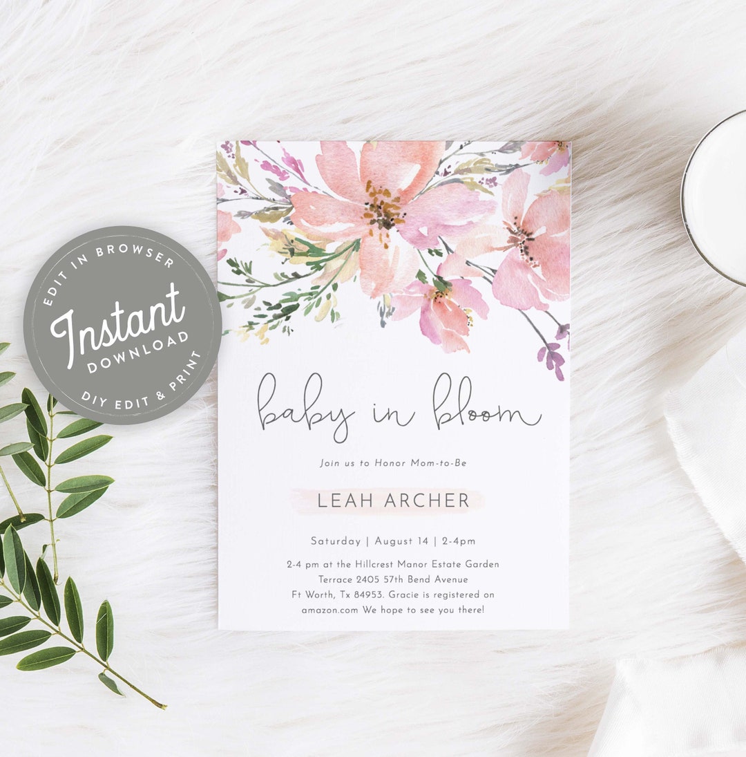 Pink Baby in Bloom Shower Invitations Girl Baby Shower Invites Spring