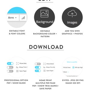May include: A graphic showing the different options for editing and downloading a printable design. The options include editing the font, background color, and adding images. The download options include professional PDF with bleed, home print PDF with trim marks, and JPEG or PNG image.