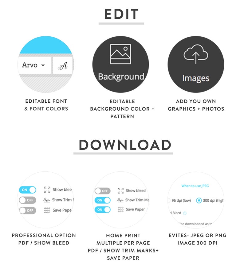 May include: A graphic showing the different options for editing and downloading a printable design. The options include editing the font, background color, and adding images. The download options include professional PDF with bleed, home print PDF with trim marks, and JPEG or PNG image.