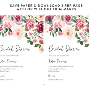 Op de afbeelding: Twee printbare bruiloft-informatiekaarten met een bloemenontwerp. De kaarten bevatten een aquarel-illustratie van roze, rode en witte bloemen met groene bladeren. De tekst op de kaarten luidt "Bridal Shower" en bevat de naam van de bruid, de datum, tijd en locatie van de bruiloft, en de registratie-informatie.