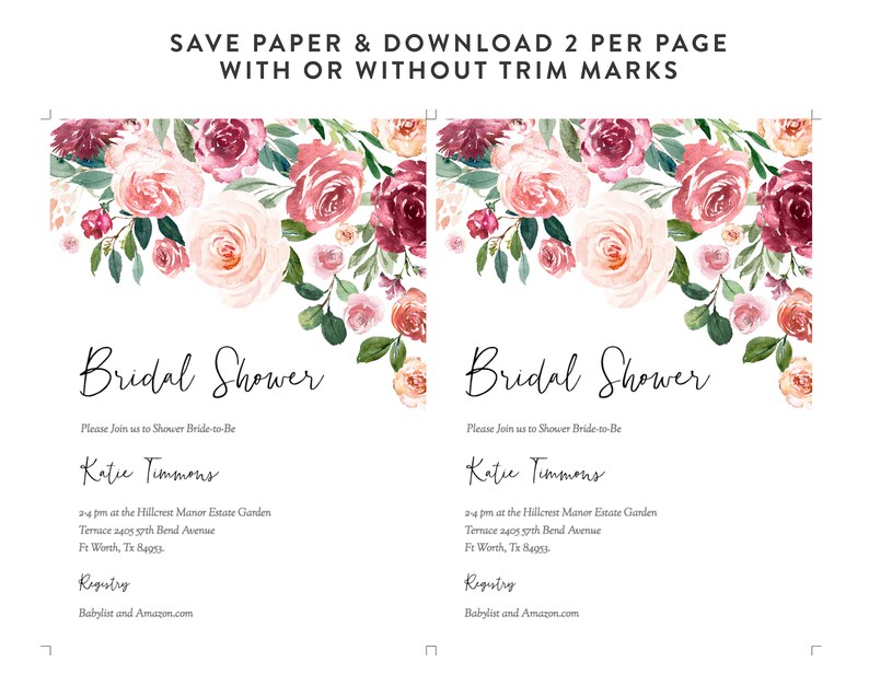 Op de afbeelding: Twee printbare bruiloft-informatiekaarten met een bloemenontwerp. De kaarten bevatten een aquarel-illustratie van roze, rode en witte bloemen met groene bladeren. De tekst op de kaarten luidt "Bridal Shower" en bevat de naam van de bruid, de datum, tijd en locatie van de bruiloft, en de registratie-informatie.