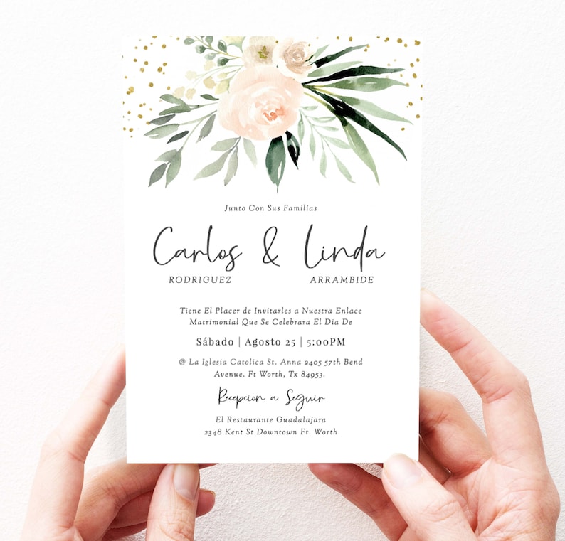 May include: Wedding invitation with a floral design in shades of pink and green. The invitation features the names "Carlos & Linda" with the text "Junto Con Sus Familias" at the top. The invitation details the wedding date, time, and location. The text reads: "S&aacute;bado | Agosto 25 | 5:00PM". The invitation also includes the reception details: "Recepcion a Seguir".