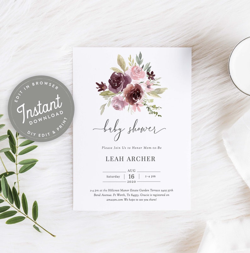 May include: A baby shower invitation with a watercolor floral design in shades of pink and purple. The invitation features the text "baby shower" and the name "LEAH ARCHER". The date and time of the shower are also included: "Saturday, August 16, 2020, 2-4 pm".