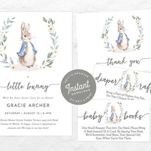 May include: A baby shower invitation featuring a watercolor illustration of Peter Rabbit in a blue jacket, surrounded by a wreath of green leaves and white flowers. The text reads "A little bunny, Will Be Here Soon! Join Us to Honor Gracie Archer, Saturday August 12, 2-4PM, Hillcrest Manor Estate Garden Terrace 2405 57th Bend Avenue Ft Worth, Tx 84953. Gracie is registered on amazon.com. We hope to see you there!"