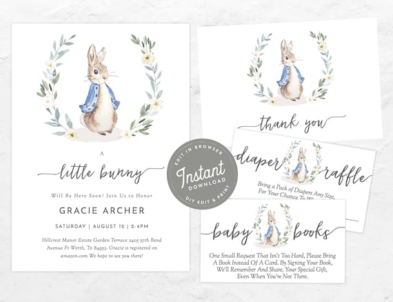Rabbit Baby Shower Invitation Bundle Baby Boy Shower Invitation Boy Rabbit, Boy Shower Invitation and Books For Baby, 131