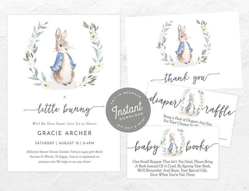 May include: A baby shower invitation featuring a watercolor illustration of Peter Rabbit in a blue jacket, surrounded by a wreath of green leaves and white flowers. The text reads "A little bunny, Will Be Here Soon! Join Us to Honor Gracie Archer, Saturday August 12, 2-4PM, Hillcrest Manor Estate Garden Terrace 2405 57th Bend Avenue Ft Worth, Tx 84953. Gracie is registered on amazon.com. We hope to see you there!"