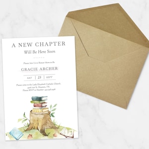 May include: A white invitation card with a watercolor illustration of a stack of books on a tree stump. The text on the card reads "A New Chapter Will Be Here Soon" and "Please Join Us to Shower Mom-to-Be Gracie Archer" with the date "Sat 23 Sept". The invitation also includes the location and RSVP information.