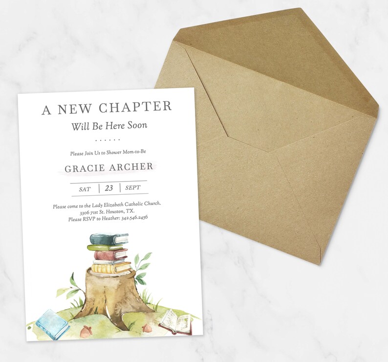 May include: A white invitation card with a watercolor illustration of a stack of books on a tree stump. The text on the card reads "A New Chapter Will Be Here Soon" and "Please Join Us to Shower Mom-to-Be Gracie Archer" with the date "Sat 23 Sept". The invitation also includes the location and RSVP information.