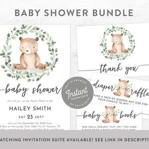 May include: A baby shower invitation suite with a watercolor illustration of a brown bear sitting in a wreath of green leaves. The invitation includes the text "baby shower", "Join Us as we Honor Mom to Be", "HAILEY SMITH", "SAT 23 SEPT", and "Join us from September 24, 2020 from 2-4pm at the Laredo Cafe. 3306 71st St. Houston, TX Isabella is registered at Target and Bed Bath and Beyond". The suite also includes a thank you card, a diaper raffle card, and a baby books card.
