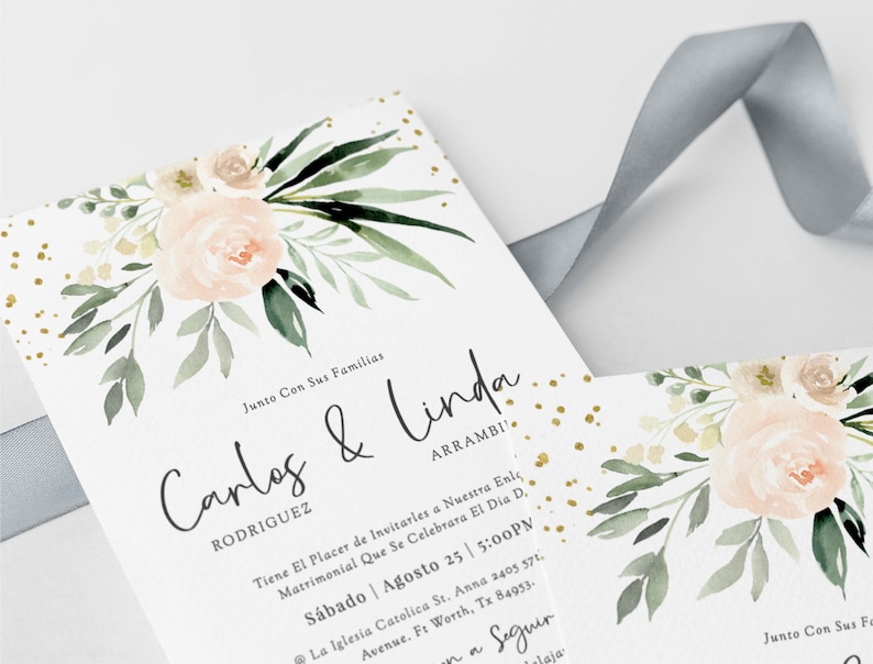 May include: Wedding invitation with a floral design featuring pink and white flowers and green leaves. The invitation is for Carlos and Linda Rodriguez, and the text reads "Junto Con Sus Familias" and "Tiene El Placer de Invitarles a Nuestra Enis Matrimonial Que Se Celebrara El Dia D, Sabado | Agosto 25 | 5:00PM La Iglesia Catolica St. Anna 2405 571. Avenue. Ft Worth, Tx 84953. na Seguir elaja Junto Con Sus Fo"
