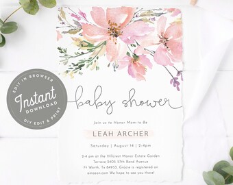 ブラッシュピンクの花柄ベビーシャワー招待状テンプレート女の子用花柄ベビーシャワー招待状編集可能なテンプレート、即時ダウンロード、81