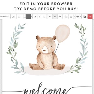 May include: A watercolor illustration of a brown bear holding a light pink balloon. The bear is sitting on a white background with a green leafy wreath around it. The text "welcome" is written in black cursive below the bear.