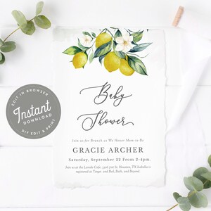 Lemon Baby Shower Invitation, Baby Shower Invite Lemons, Lemon Shower Invites, Fruit, Editable Template, Printable, Instant Download, 21