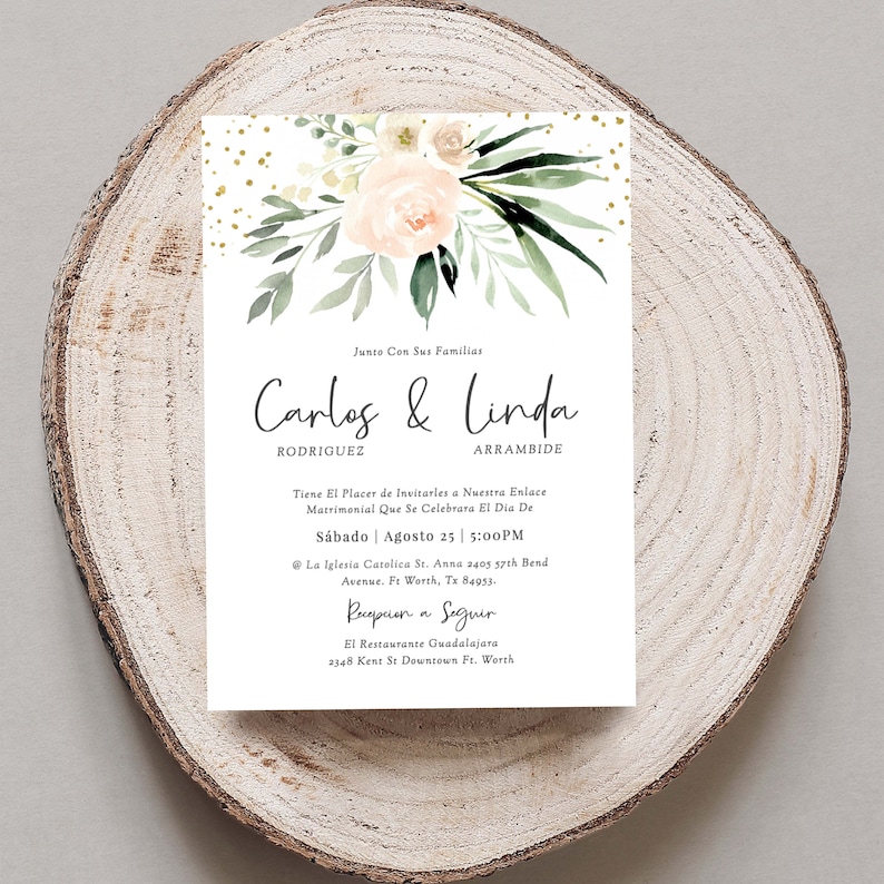 May include: Wedding invitation with a watercolor floral design in shades of green and pink. The invitation features the names "Carlos & Linda" with the text "Junto Con Sus Familias" at the top. The invitation includes the date and time of the wedding ceremony and reception.