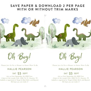 K&ouml;nnte beinhalten: Eine Babyparty-Einladung mit einer Aquarell-Illustration von Dinosauriern und Wolken in Gr&uuml;n-, Blau- und Braunt&ouml;nen. Der Text lautet "Oh Boy!" und "Please Join Us For a Shower to Honor Mom-To-Be Hallie Pearson Sat 23 Sept Join us from September 24, 2020 from 2-4pm at the Laredo Cafe. 3306 71st St. Houston, TX Isabella is registered at Target & Bed, Bath, and Beyond. We hope you can make it!"