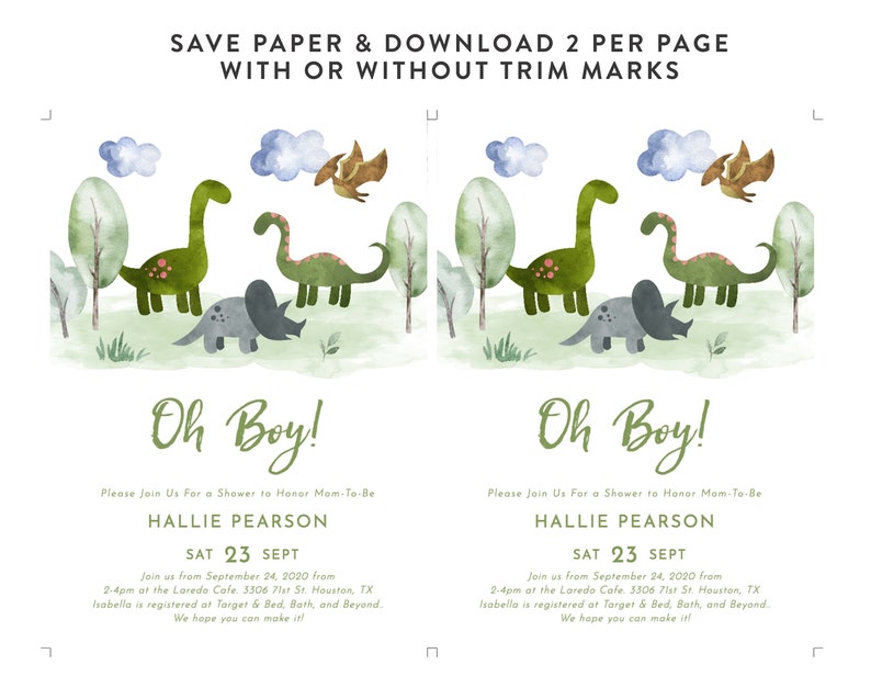 K&ouml;nnte beinhalten: Eine Babyparty-Einladung mit einer Aquarell-Illustration von Dinosauriern und Wolken in Gr&uuml;n-, Blau- und Braunt&ouml;nen. Der Text lautet "Oh Boy!" und "Please Join Us For a Shower to Honor Mom-To-Be Hallie Pearson Sat 23 Sept Join us from September 24, 2020 from 2-4pm at the Laredo Cafe. 3306 71st St. Houston, TX Isabella is registered at Target & Bed, Bath, and Beyond. We hope you can make it!"