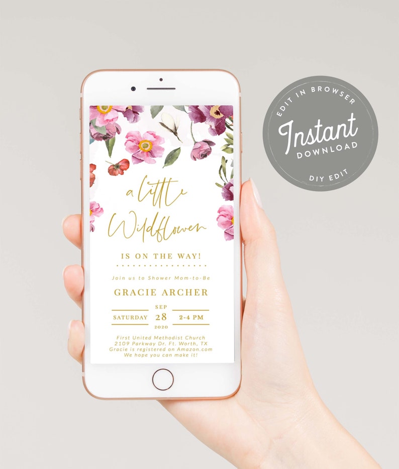 May include: A digital invitation for a baby shower with a floral design. The invitation reads "a little Wildflower is on the way!" and includes the name Gracie Archer, the date Saturday, September 28, 2020, the time 2-4 PM, and the location First United Methodist Church, 2109 Parkway Dr. Ft. Worth, TX. The invitation also states that Gracie is registered on Amazon.com.