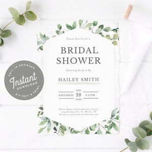 Editable Greenery Bridal Shower Invitation, Eucalyptus Bridal Shower Invite, Bridal Shower Invites Greenery Instant Download, Greens